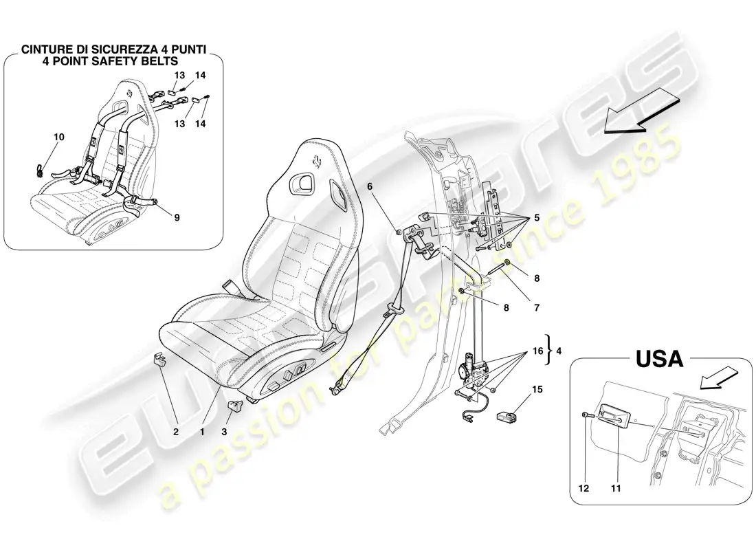 ferrari 599 gtb fiorano (europe) asiento delantero completo y cinturones de seguridad diagrama de piezas