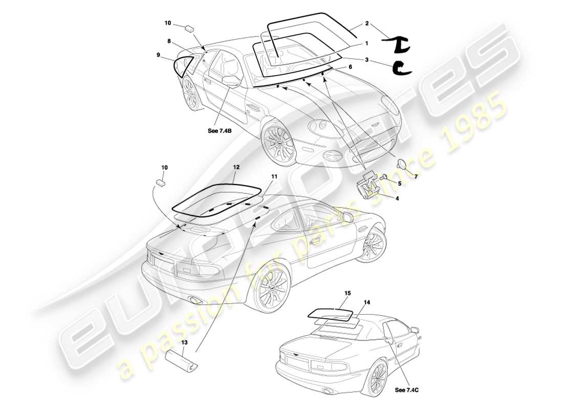 aston martin db7 vantage (2002) diagrama de piezas de vidrio