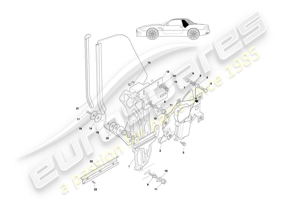 aston martin db7 vantage (2002) diagrama de piezas del mecanismo y cristal del cuarto trasero del volante