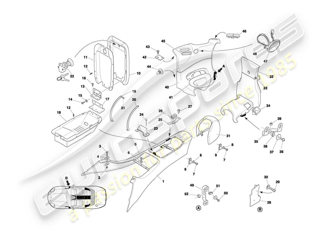 aston martin db7 vantage (2002) consola central y molduras, diagrama de piezas de volante