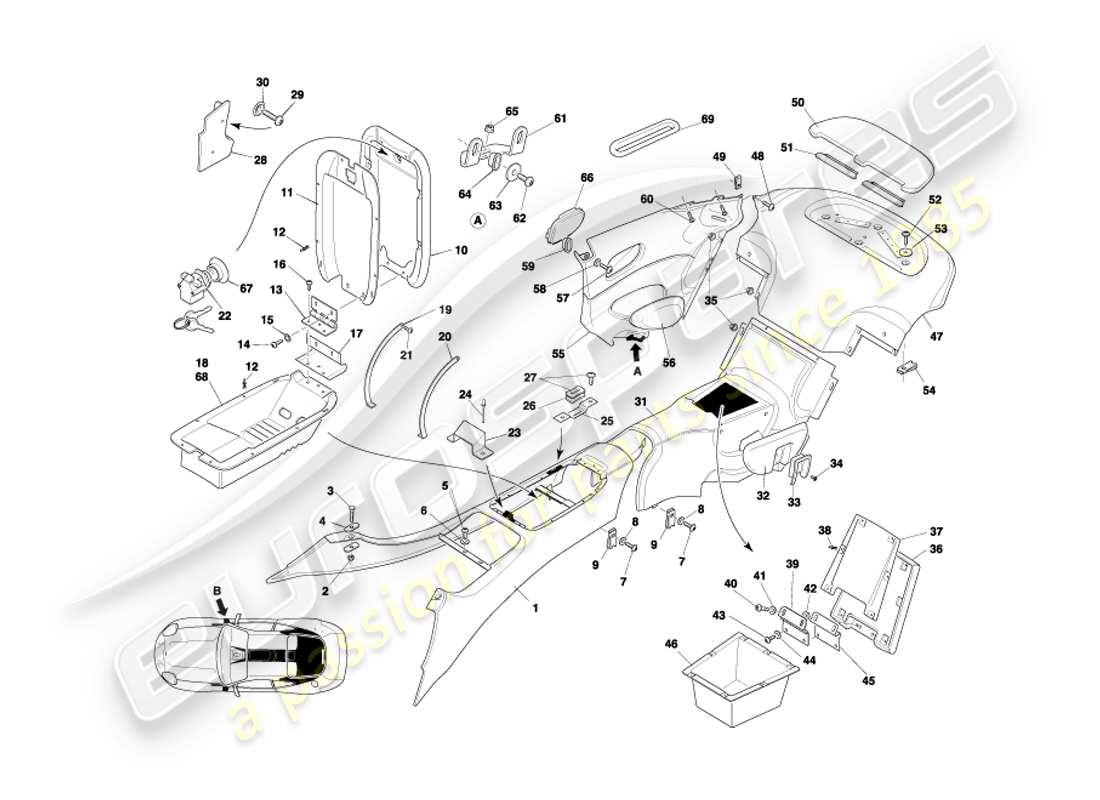 aston martin db7 vantage (2002) consola central y molduras, diagrama de piezas del cupé