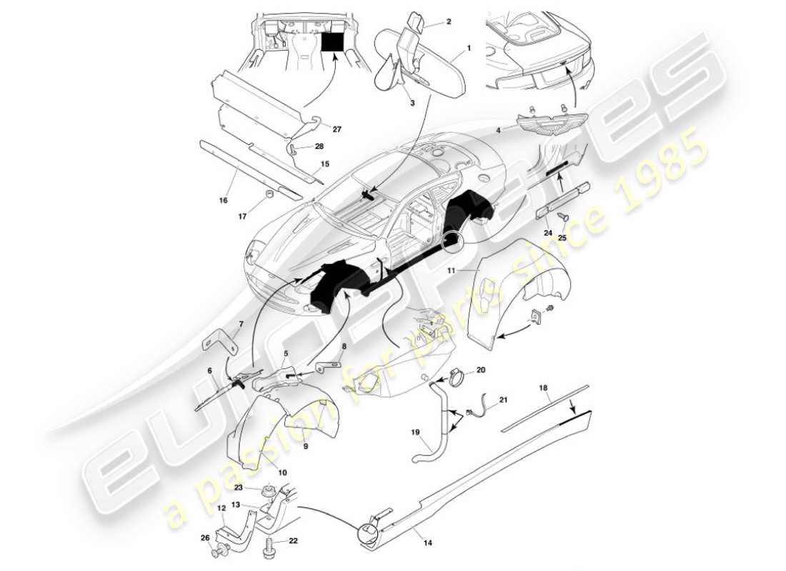 aston martin vanquish (2001) accesorios para el cuerpo diagrama de piezas
