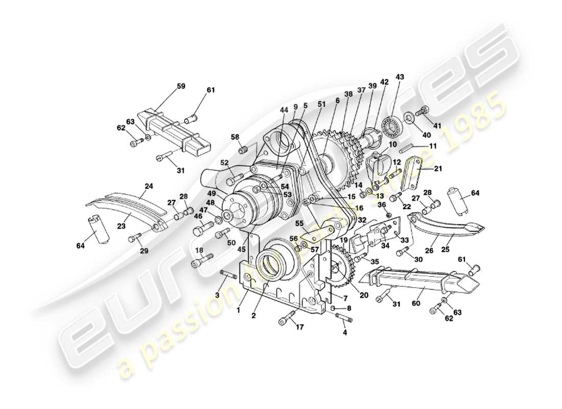 aston martin v8 coupe (2000) diagrama de piezas de caja de distribución, bomba de agua y ruedas dentadas