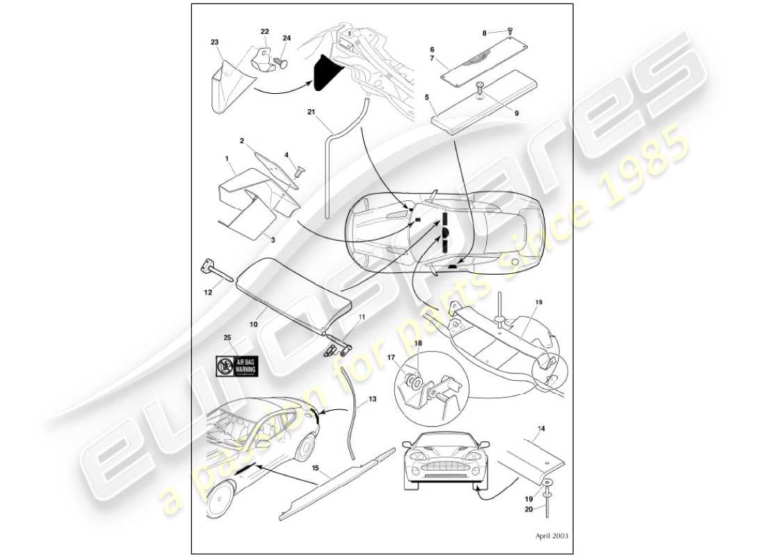 aston martin vanquish (2001) diagrama de piezas de accesorios para la carrocería
