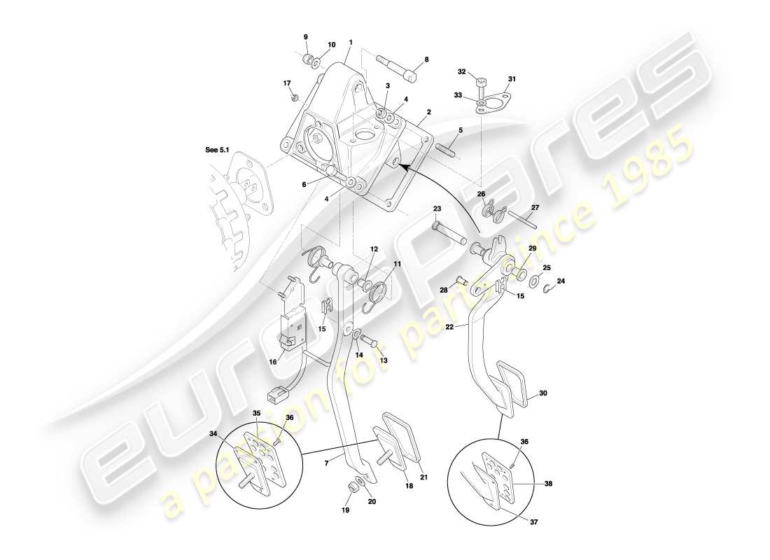 aston martin db7 vantage (2000) diagrama de piezas del engranaje del pedal, freno manual y embrague