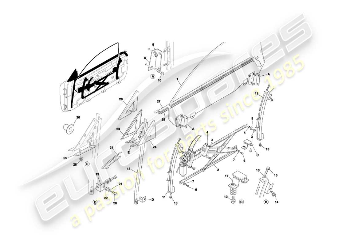aston martin db7 vantage (2000) diagrama de piezas de marcos y vidrios de puertas