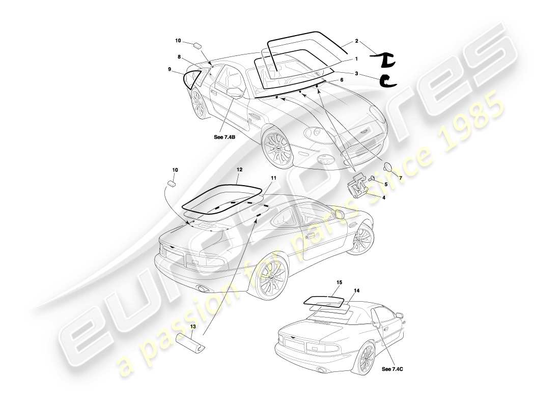 aston martin db7 vantage (2000) diagrama de piezas de vidrio