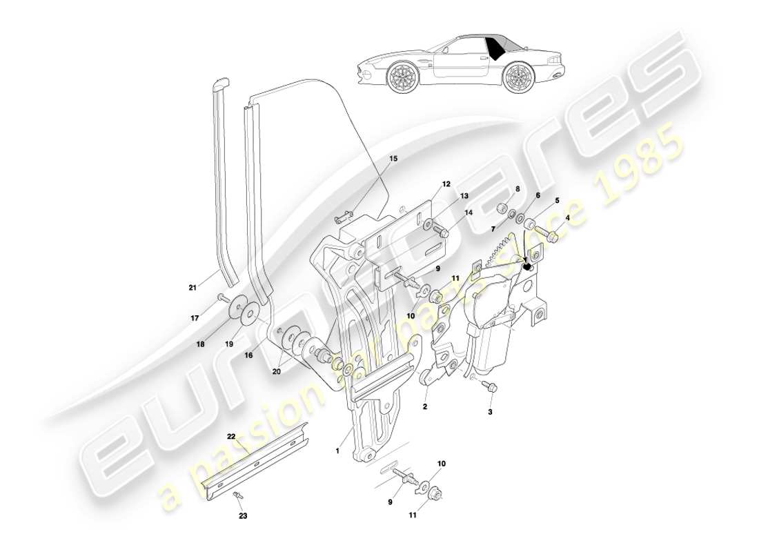 aston martin db7 vantage (2000) diagrama de piezas del mecanismo y cristal del cuarto trasero del volante