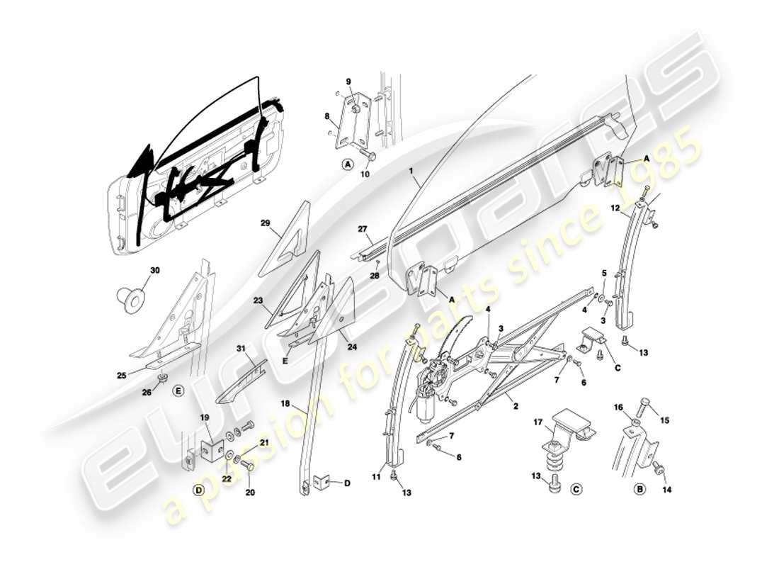 aston martin db7 vantage (2003) diagrama de piezas de marcos y vidrios de puertas