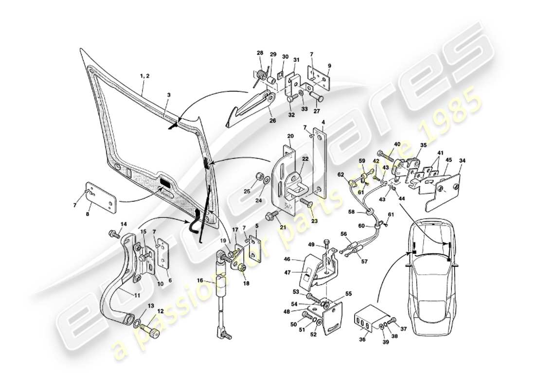 aston martin v8 coupe (1999) diagrama de piezas del capó