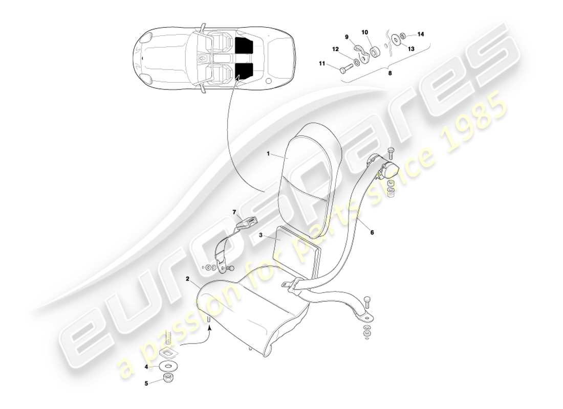 aston martin db7 vantage (2003) diagrama de piezas de asientos y cinturones traseros
