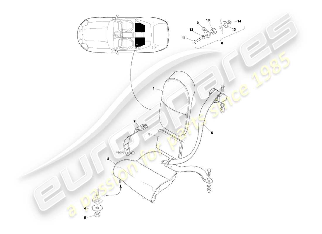 aston martin db7 vantage (2004) diagrama de piezas de asientos y cinturones traseros