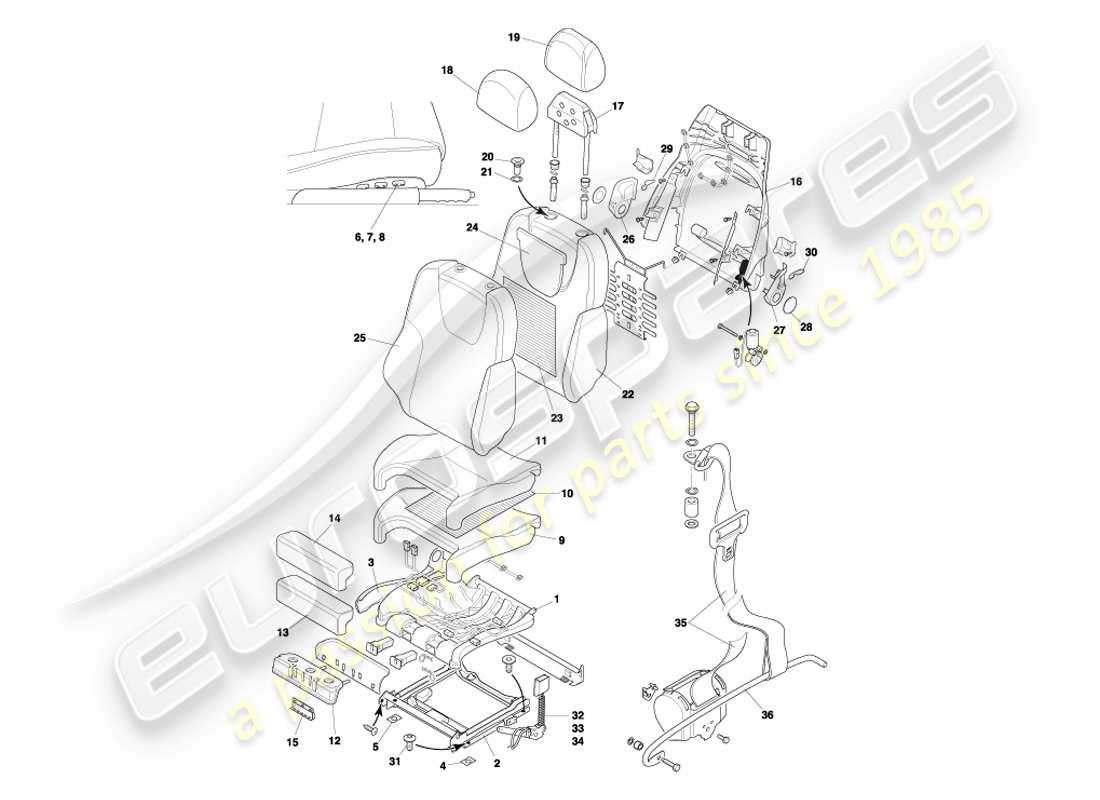 aston martin db7 vantage (2004) diagrama de piezas de asientos delanteros y cinturones