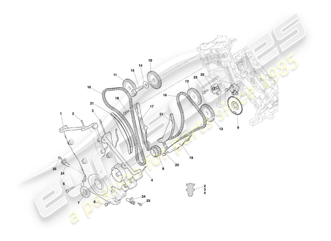 aston martin db7 vantage (2001) diagrama de piezas de caja de distribución, bomba de agua y ruedas dentadas