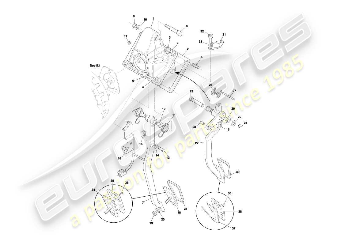 aston martin db7 vantage (2001) diagrama de piezas del engranaje del pedal, freno manual y embrague