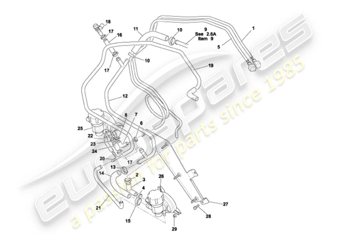 aston martin vanquish (2002) diagrama de piezas de tuberías de combustible