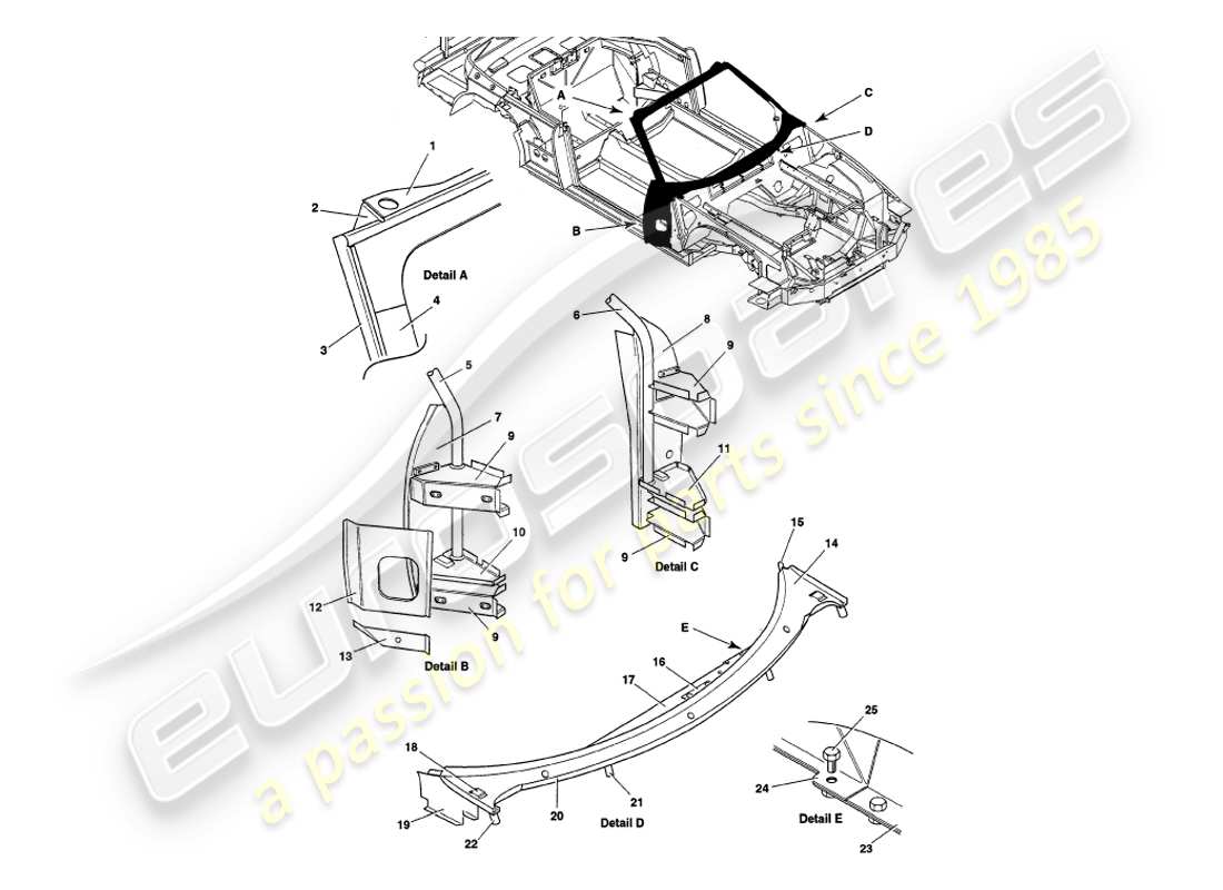 aston martin v8 volante (1997) superestructura diagrama de piezas