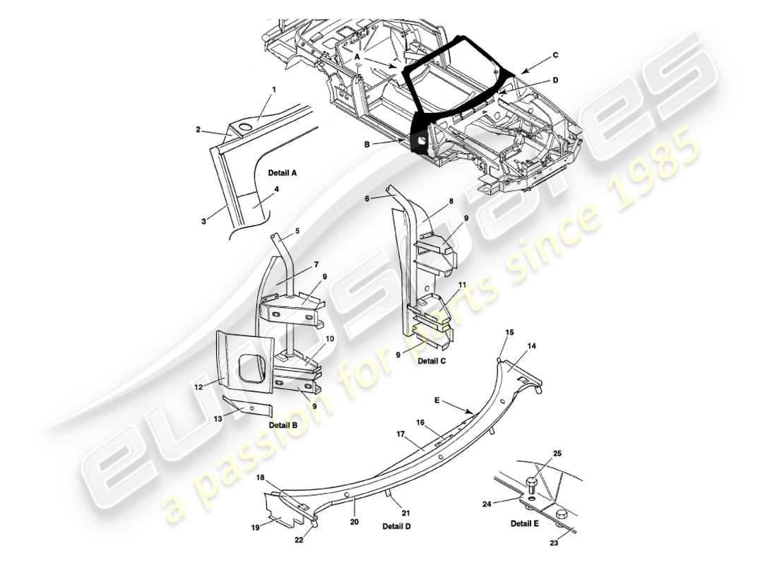 aston martin v8 volante (1998) superestructura diagrama de piezas