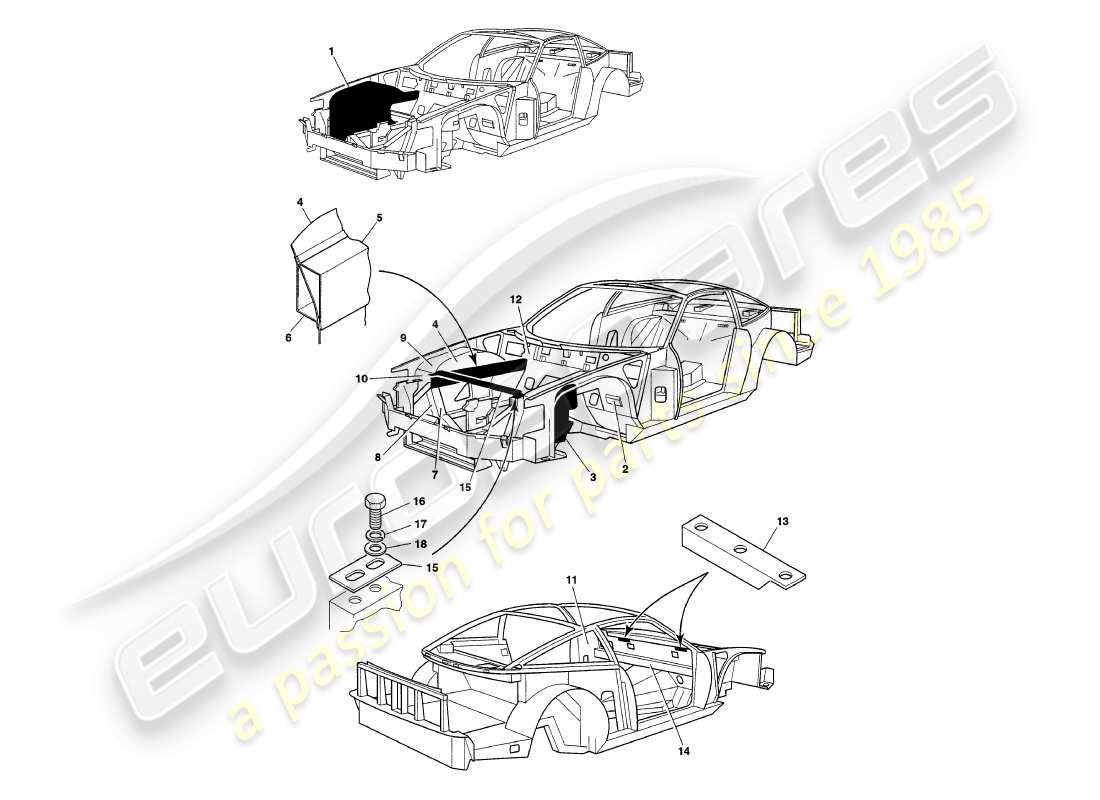 aston martin v8 coupe (2000) paneles de chasis diagrama de piezas
