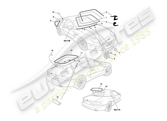 aston martin db7 vantage (2001) diagrama de piezas de vidrio