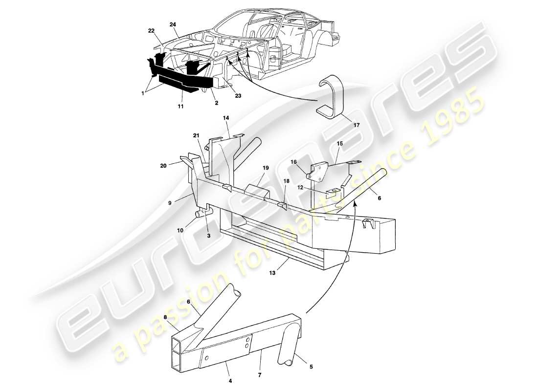aston martin v8 coupe (2000) diagrama de piezas del marco de soporte del parachoques delantero