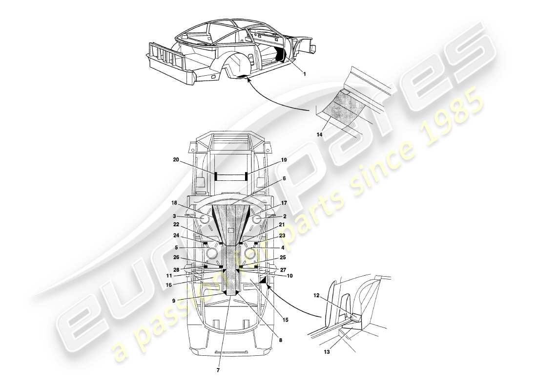 aston martin v8 coupe (2000) diagrama de piezas de los paneles del chasis