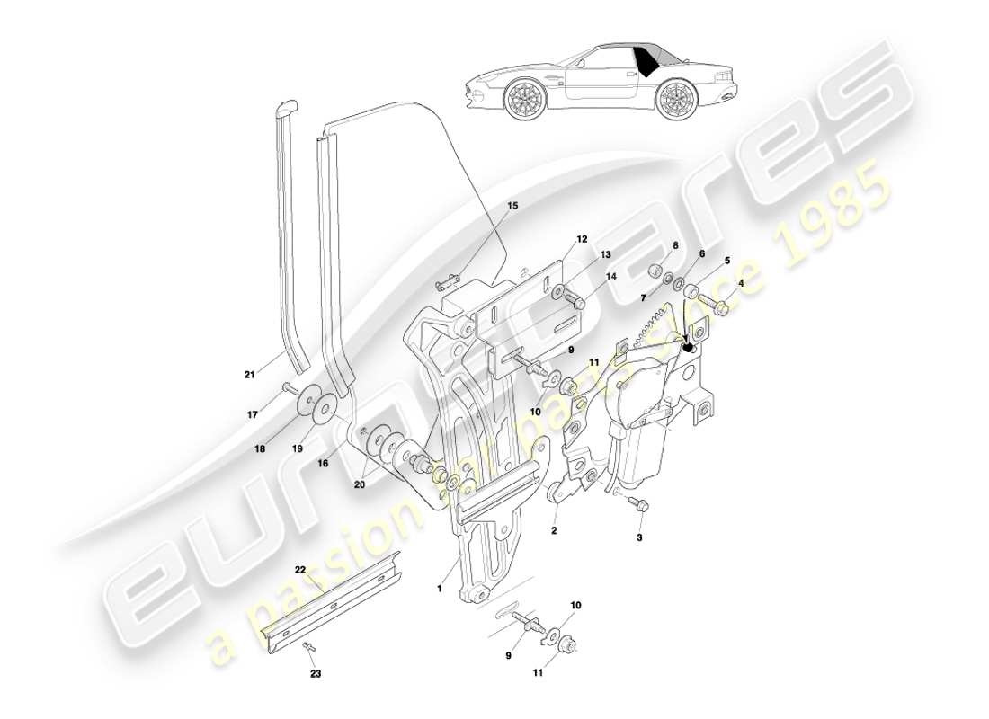 aston martin db7 vantage (2001) diagrama de piezas del mecanismo y cristal del cuarto trasero del volante