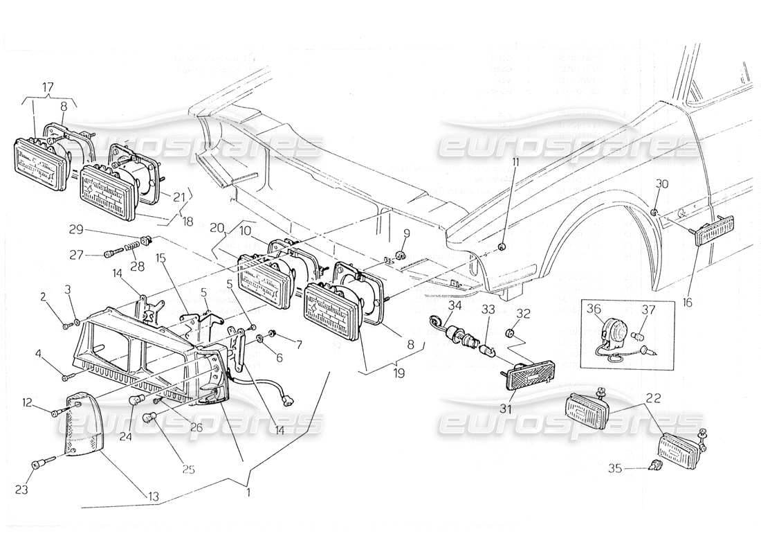 maserati 228 luces delanteras (ee. uu.) diagrama de piezas