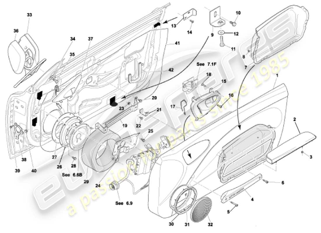 aston martin vanquish (2001) diagrama de piezas de marcos y accesorios de puertas