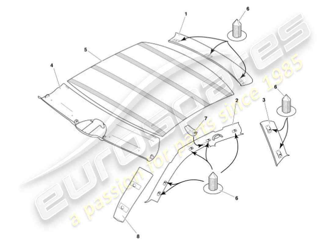 aston martin vanquish (2001) moldura superior y revestimiento del techo diagrama de piezas