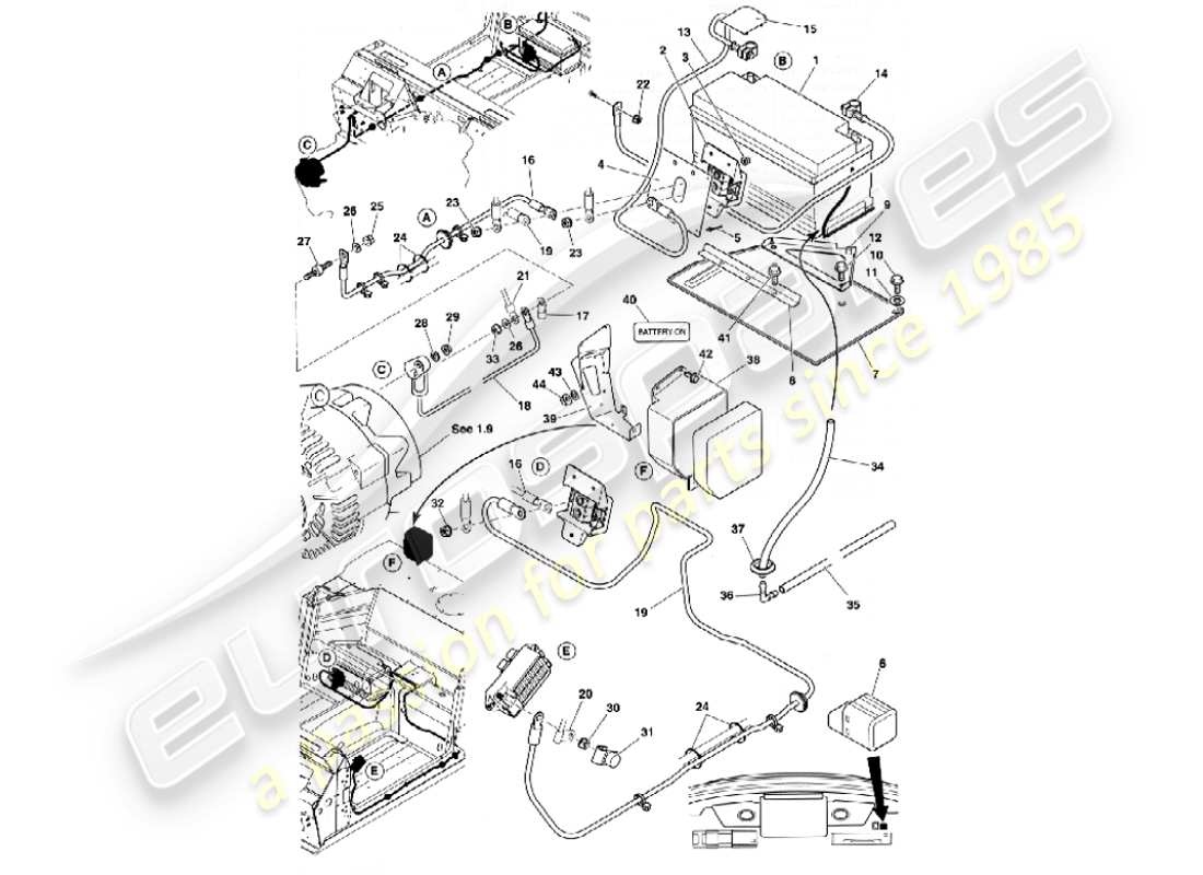 aston martin vanquish (2001) batería y cables diagrama de piezas