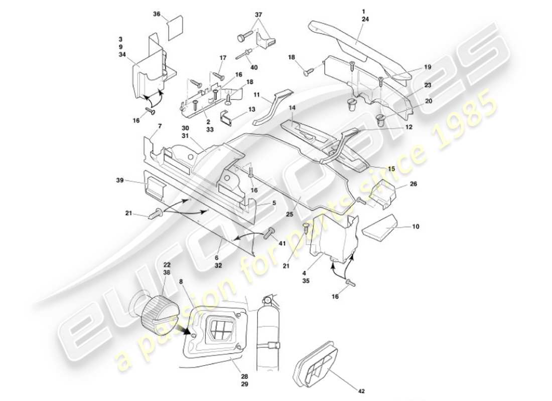 aston martin vanquish (2001) diagrama de piezas de la carcasa del maletero y las alfombrillas