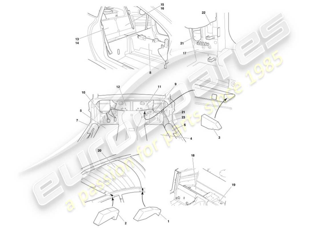 aston martin vanquish (2001) diagrama de piezas de insonorización