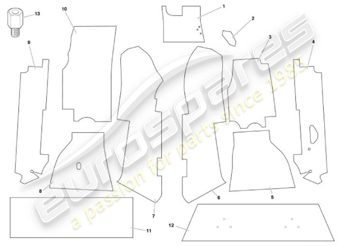 aston martin vanquish (2001) diagrama de piezas de alfombras
