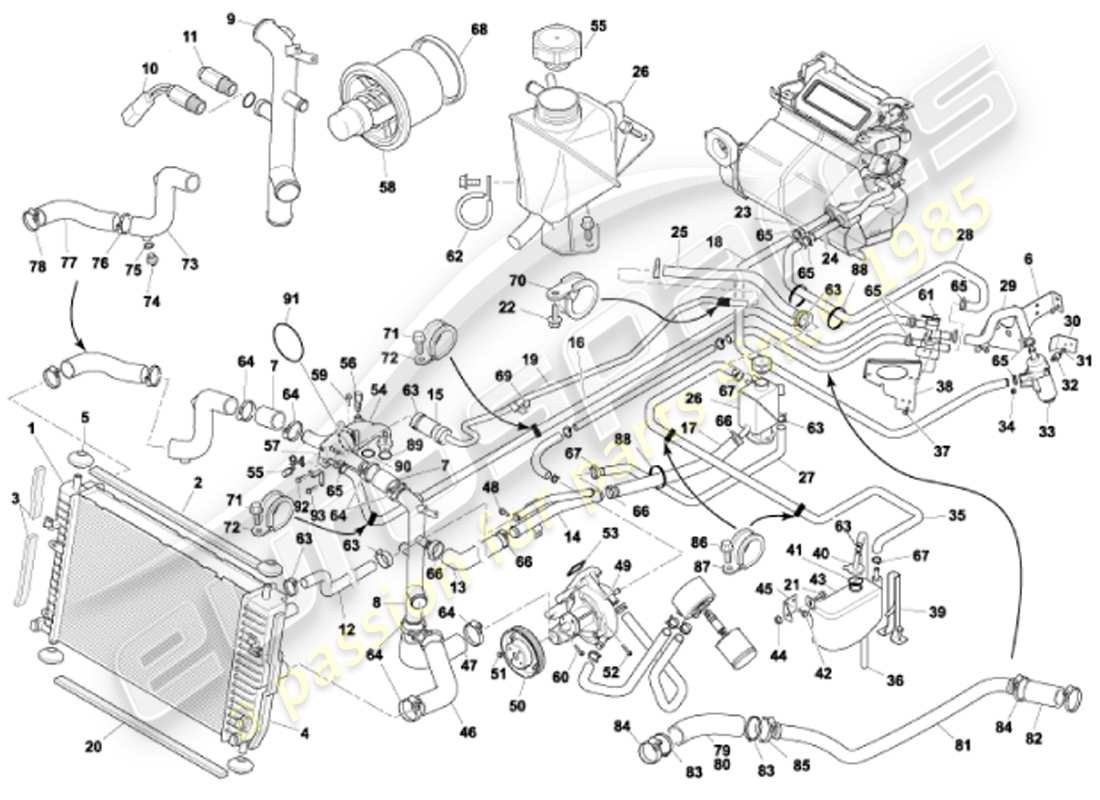 aston martin vanquish (2001) sistema de refrigeración por agua diagrama de piezas