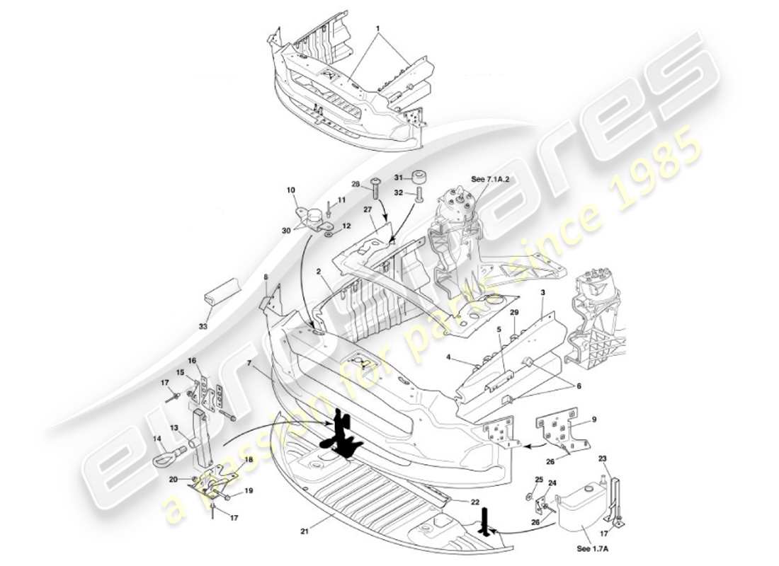 aston martin vanquish (2001) diagrama de piezas de la estructura de impacto frontal