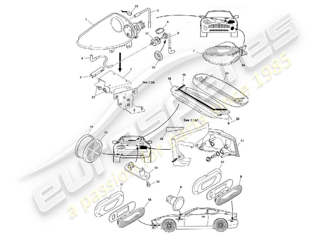 aston martin vanquish (2001) diagrama de piezas de lámparas exteriores
