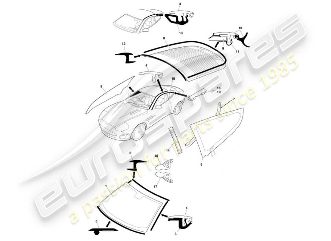 aston martin vanquish (2001) vidrio y acabados diagrama de piezas