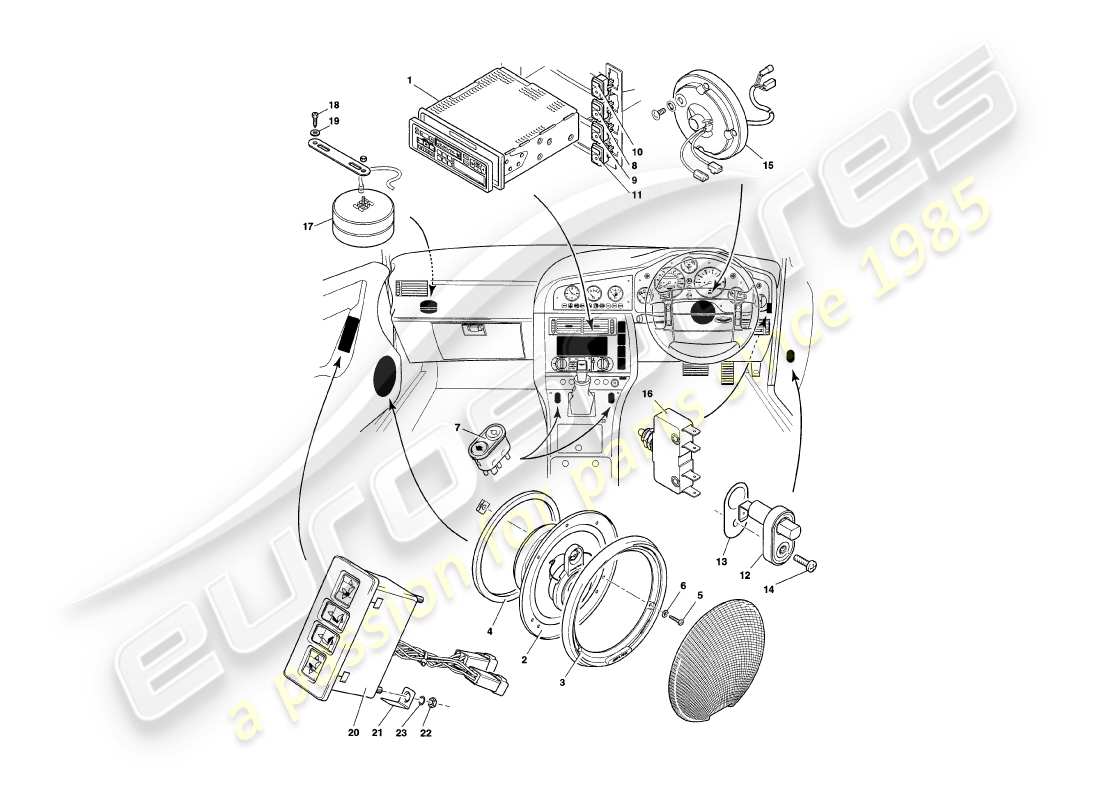 aston martin v8 coupe (1999) instrumentos y controles diagrama de piezas