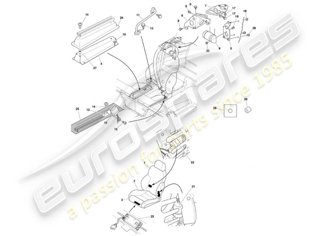aston martin vanquish (2001) asientos delanteros y cinturones diagrama de piezas