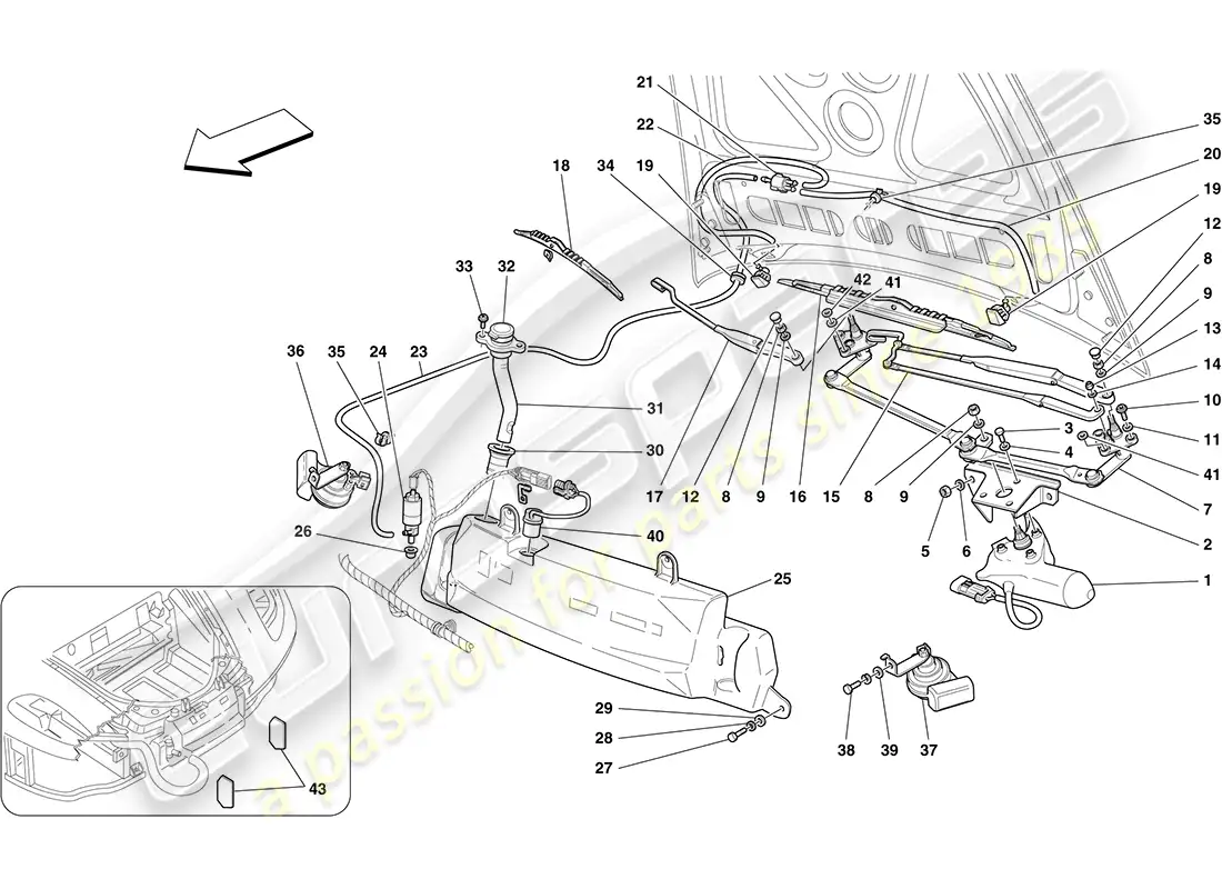 ferrari f430 coupe (rhd) limpiaparabrisas, arandela y bocina diagrama de piezas
