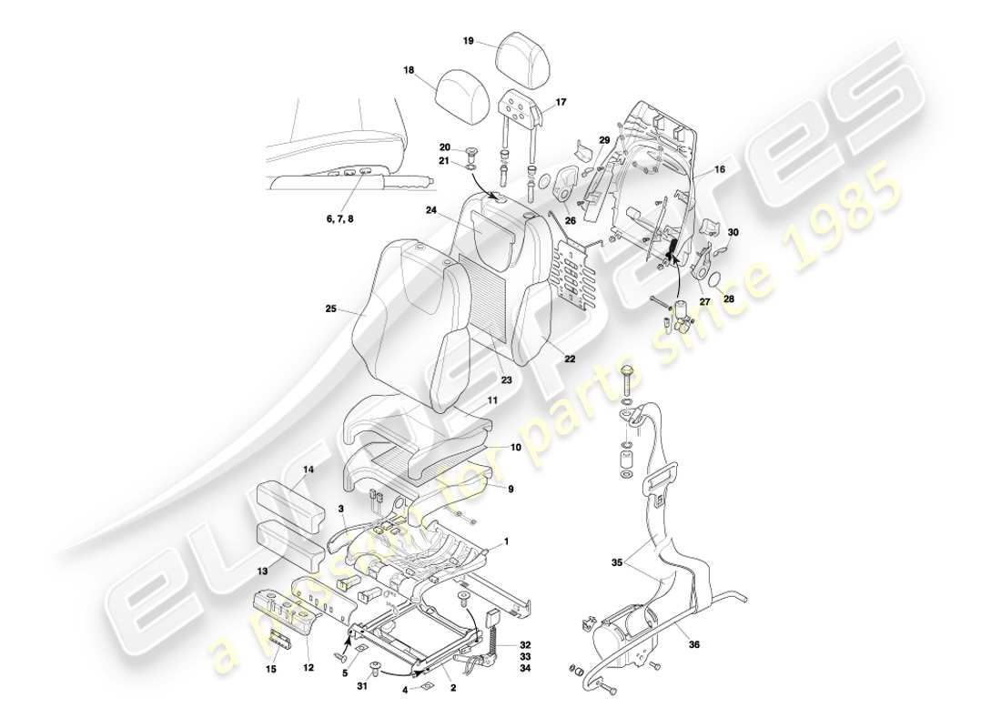 aston martin db7 vantage (1999) diagrama de piezas de asientos delanteros y cinturones