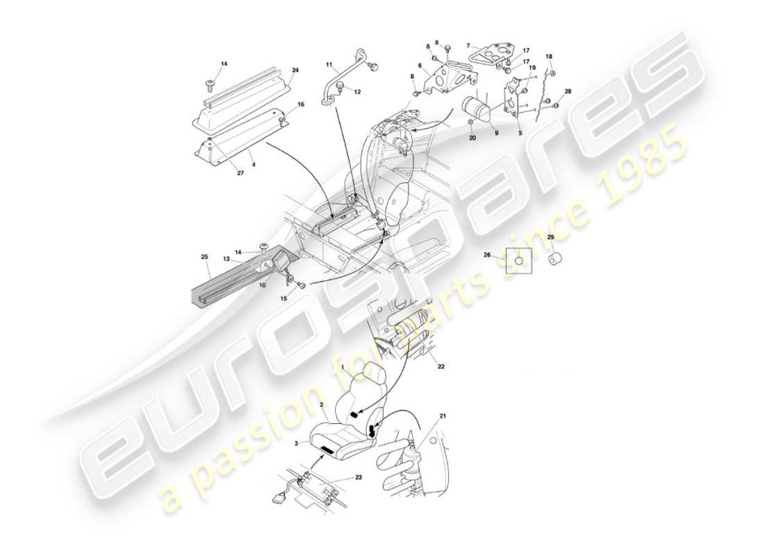aston martin vanquish (2004) asientos delanteros y cinturones diagrama de piezas