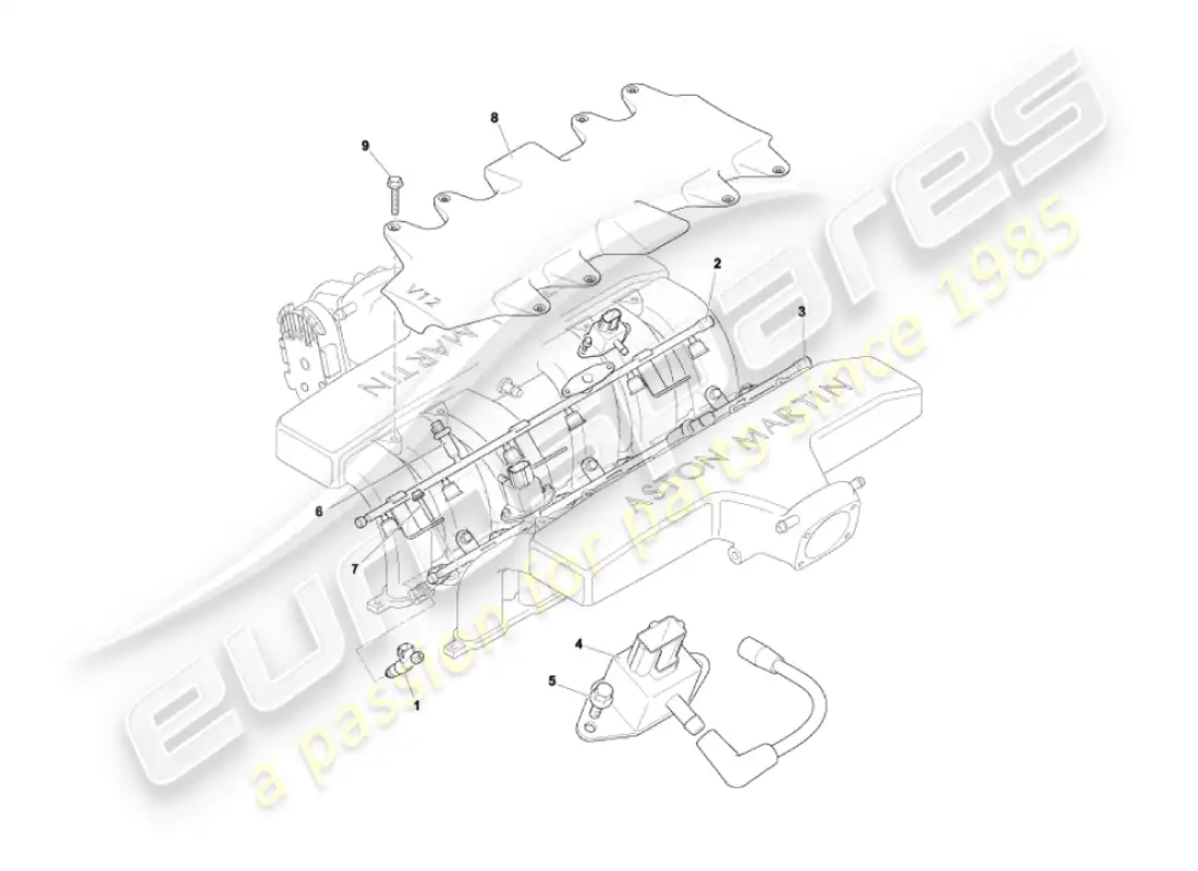 aston martin vanquish (2004) rieles de combustible e inyectores diagrama de piezas