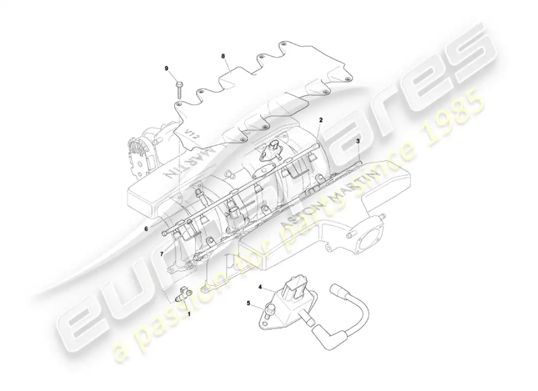 aston martin vanquish (2006) rieles de combustible e inyectores diagrama de piezas