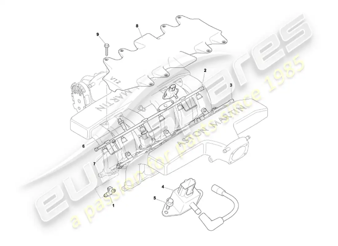 aston martin vanquish (2002) rieles de combustible e inyectores diagrama de piezas