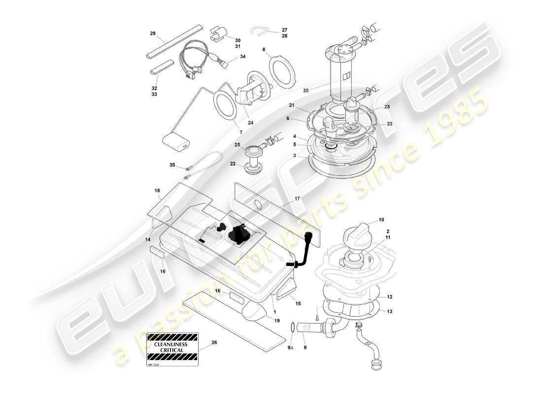 aston martin db7 vantage (2001) tanque de combustible, diagrama de piezas de volante
