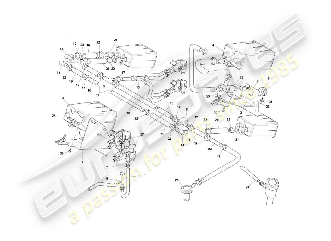 aston martin db7 vantage (2001) sistema de emisión evaporativa, diagrama de piezas del derecho de vía