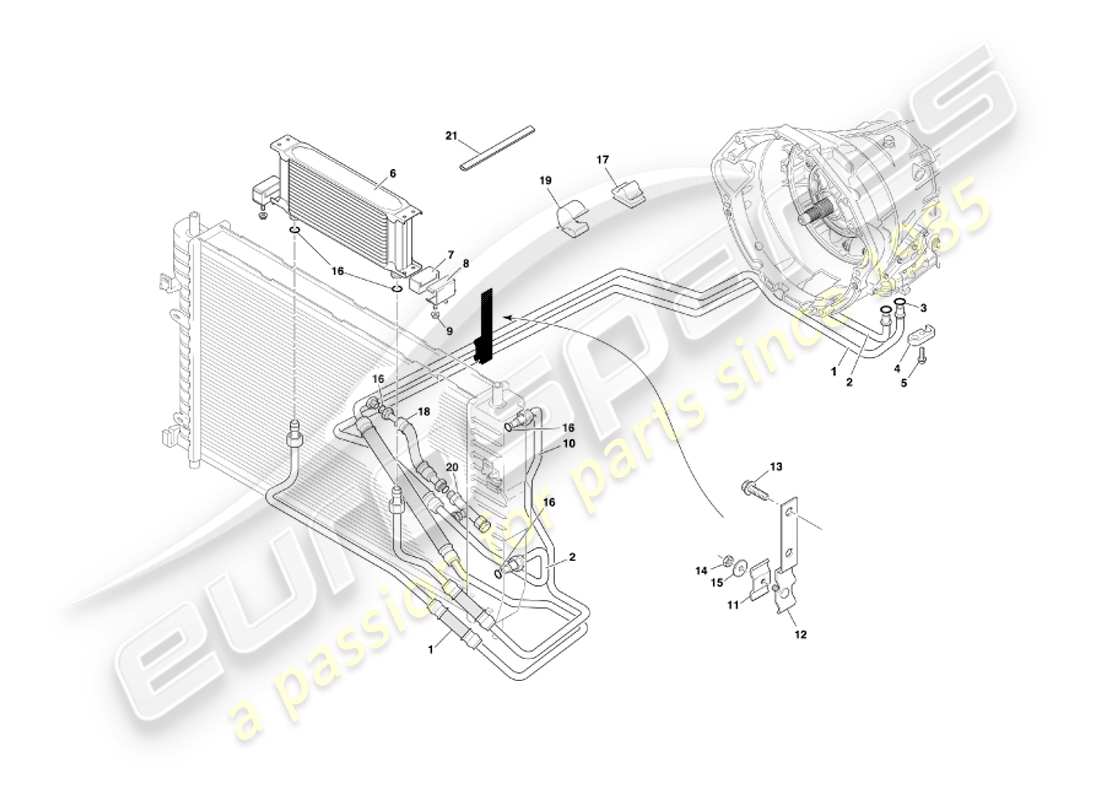 aston martin db7 vantage (2001) transmisión automática, diagrama de piezas de refrigeración de la caja de cambios