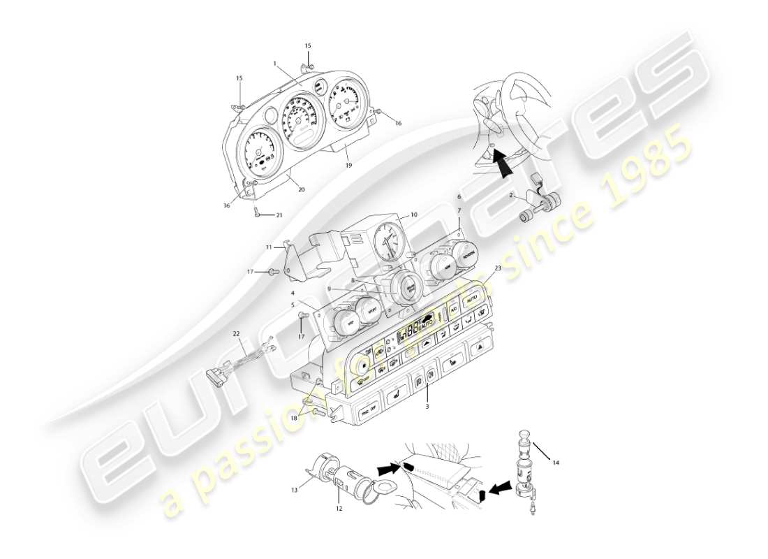 aston martin vanquish (2004) instrumentos y controles diagrama de piezas